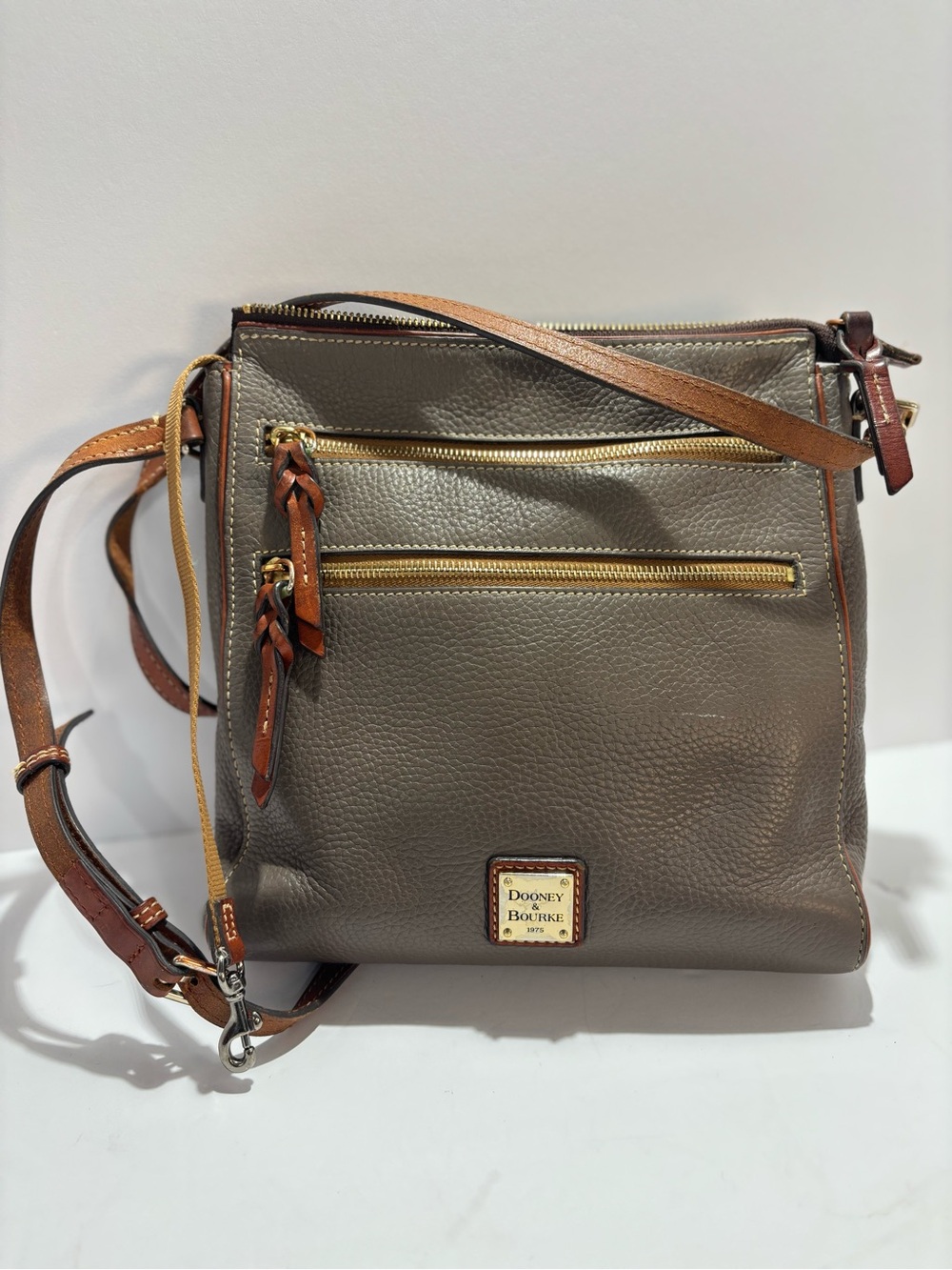 Dooney & Bourke Taupe Pebbled Leather Crossbody with Brown Trim